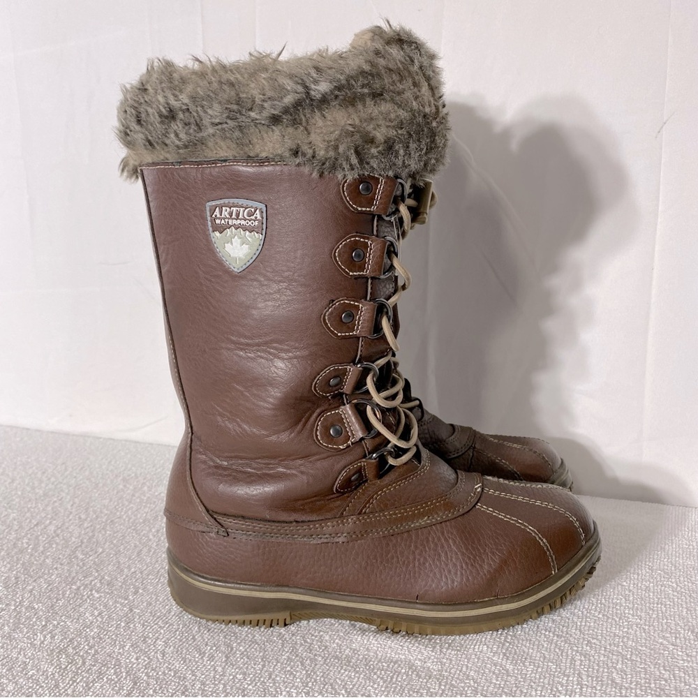 Vintage Artica Brown Leather Round Toe Lace Up Winter Boots W Faux Fur Trim 8